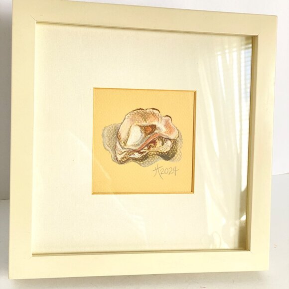 Cracked Oyster Pastel Art Drawing Painting Neutral Colors Square Framed 9x9in - Picture 3 of 9